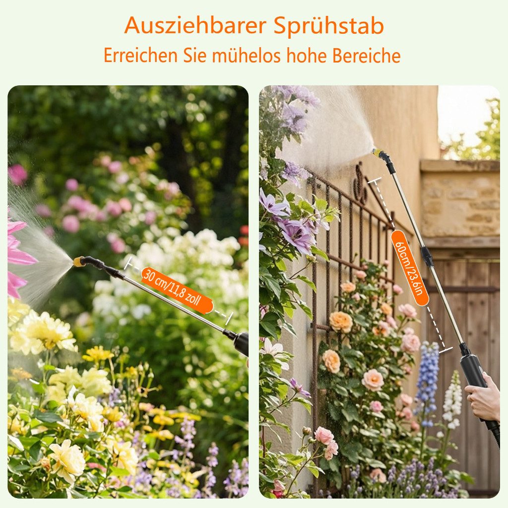 Insma Drucksprühgerät 8L Akku-Drucksprühgerät,Elektrischer Pflanzensprüher mit 2000mAh Akku, 4 Düsen, 6 Sprühmodi, Ausziehbare Sprühlanze, Schultergurt