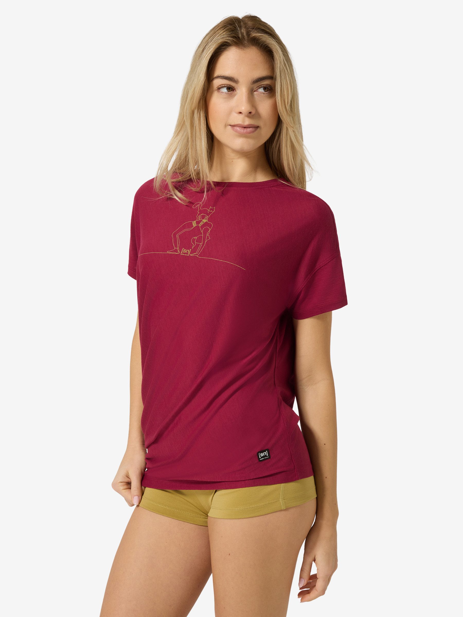 SUPER.NATURAL T-Shirt für Damen, Merino W CAT YOGA LOOSE TEE mit Tier-Motiv, atmungsaktiv