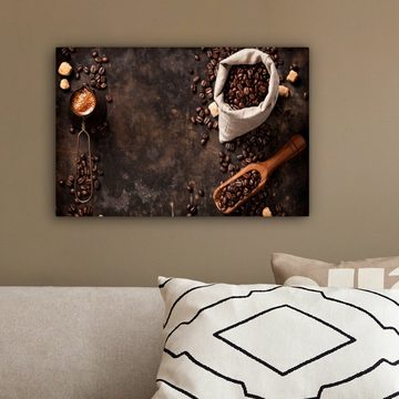 OneMillionCanvasses® Leinwandbild Kaffeebohnen - Kaffee - Beutel, (1 St), Wandbild Leinwandbilder, Aufhängefertig, Wanddeko, 30x20 cm