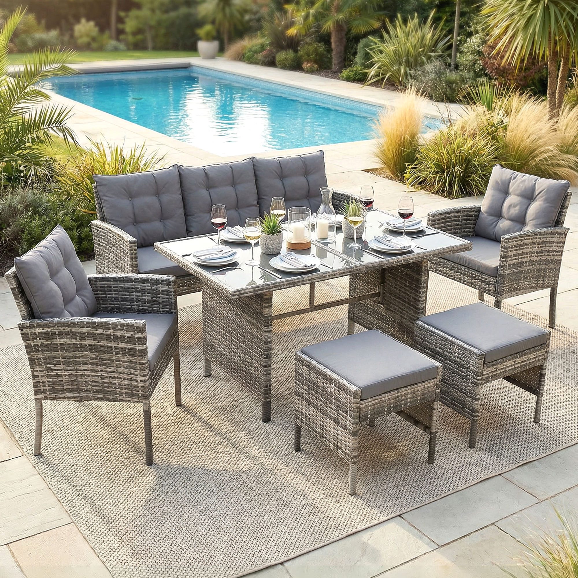 Swing&Harmonie Sitzgruppe Poly Rattan Sitzgarnitur Sydney Esstisch Lounge, (Gartenmöbel Set 6-teilig, 1x Tisch + 2x Stühle + 1x Sitzbank + 2x Hocker)