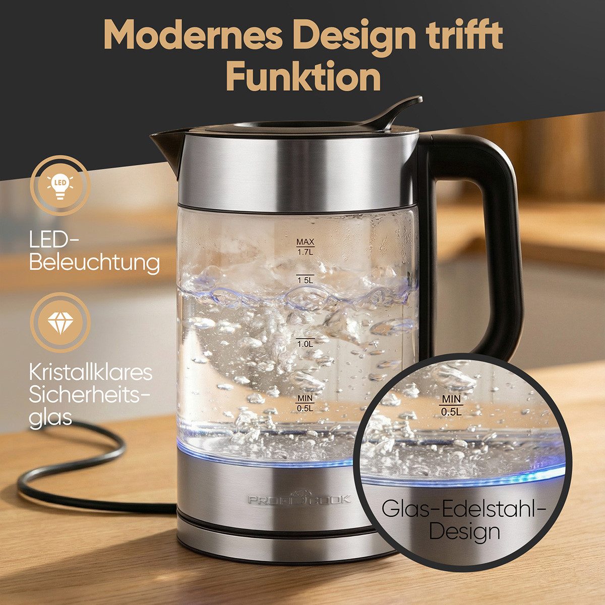 ProfiCook Wasserkocher PC-WKS 1322 G, Wasserkocher Glas, 1,7L, 2200W, BPA frei