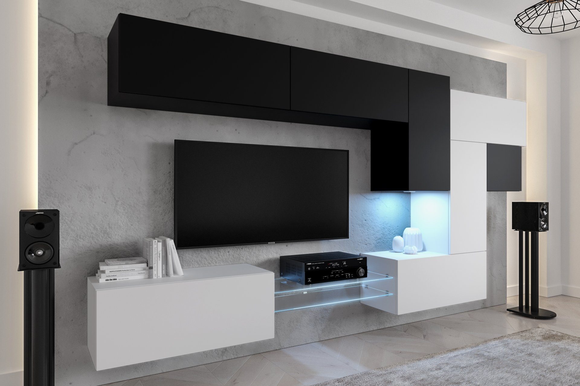 ROYAL24_MARKT Schwarz-Weiß Wohnzimmer Elegantes Wohnwand - - Moderne (Komplett Set, - - 10-St., Wohnwand Beleuchtung Matt Design Qualität NovaStyle), Premium-Qualität, in Innovation und