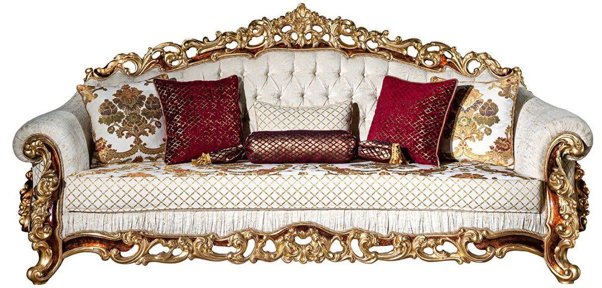 Casa Padrino Sofa Luxus Barock Sofa Weiß / Gold / Braun / Gold - Prunkvolles Wohnzimmer Sofa mit dekorativen Kissen - Barock Möbel