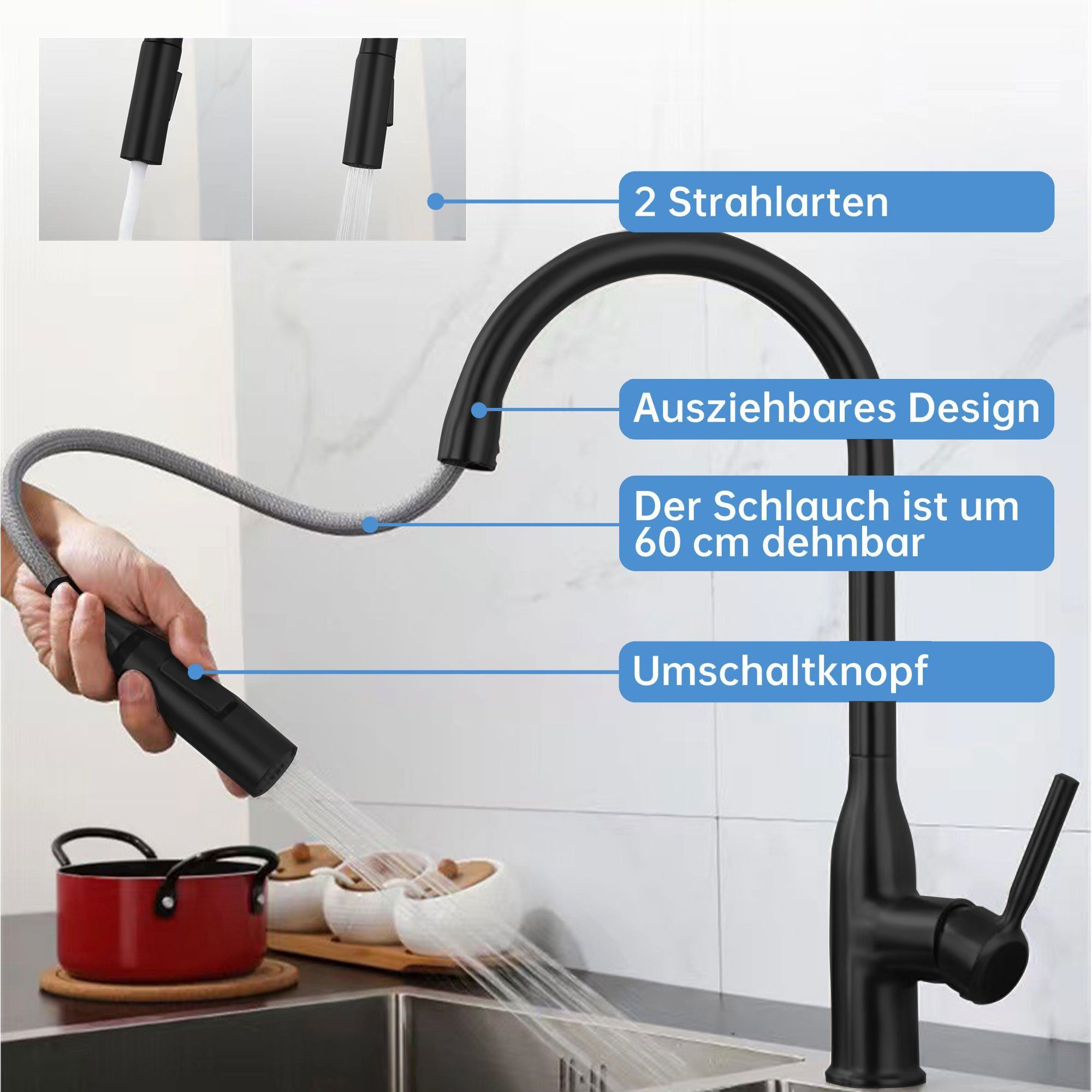 SEHAUSEU Küchenarmatur Wasserhahn Küche Bad Spültischarmatur Waschtischarmatur ausziehbar mit Ausziehbrause, Hochdruckarmatur – Bild 3 von 5