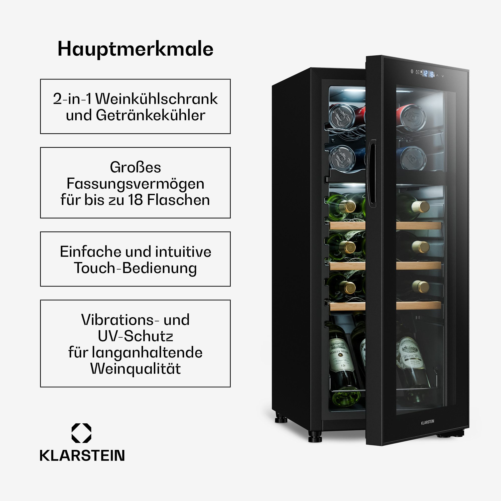 Klarstein Weinkühlschrank Bovella 18 Duo+ Weinkühlschrank 2 Zonen 18 Fl 50L 5-18°C Touch UV LED, für 18 Standardflaschen á 0,75l,Flaschenkühlschrank Weintemperierschrank Weinschrank Wein & Getränke