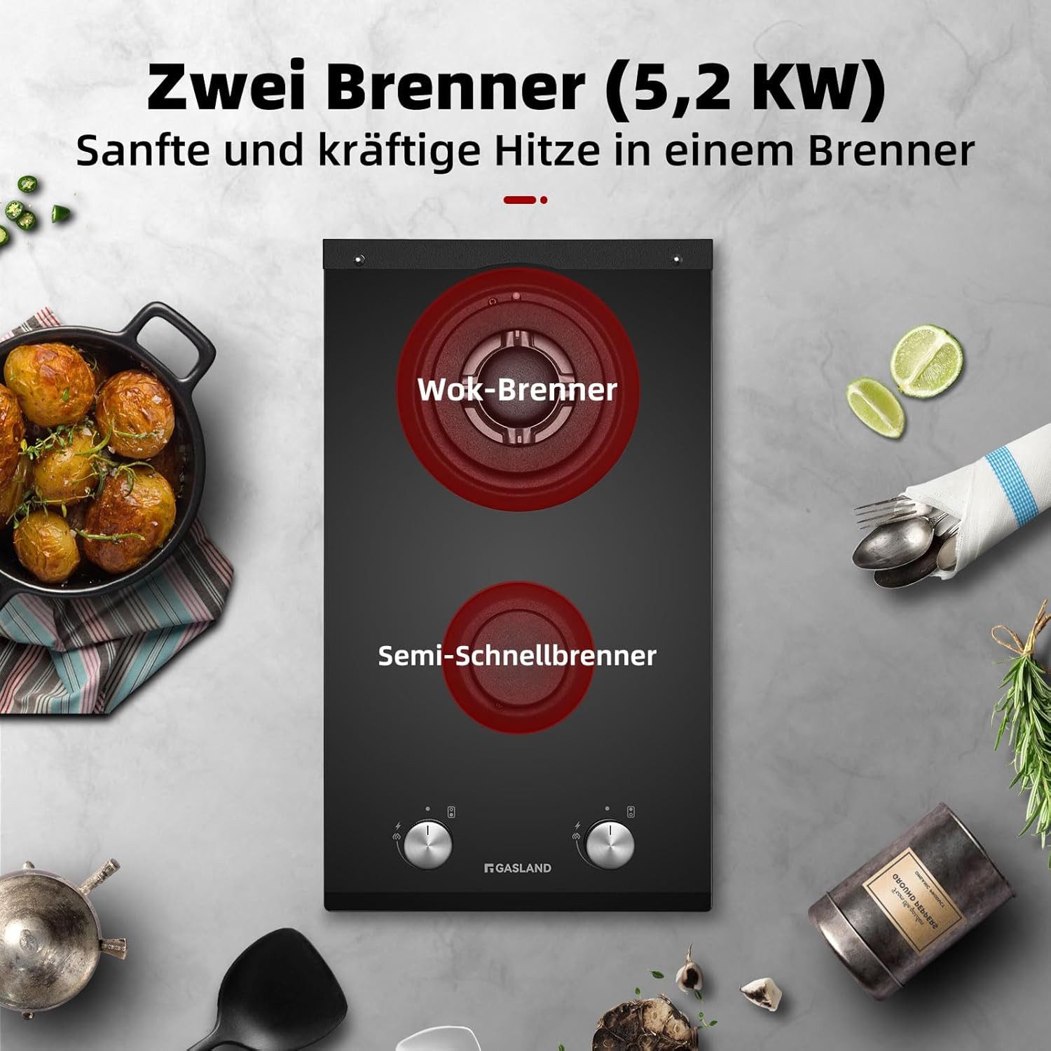 GASLAND Gas-Kochfeld GH2302BG1FC, 2-flammiges Gaskochfeld, 30 cm, 5200 W, Wok-Brenner, LPG/Erdgas