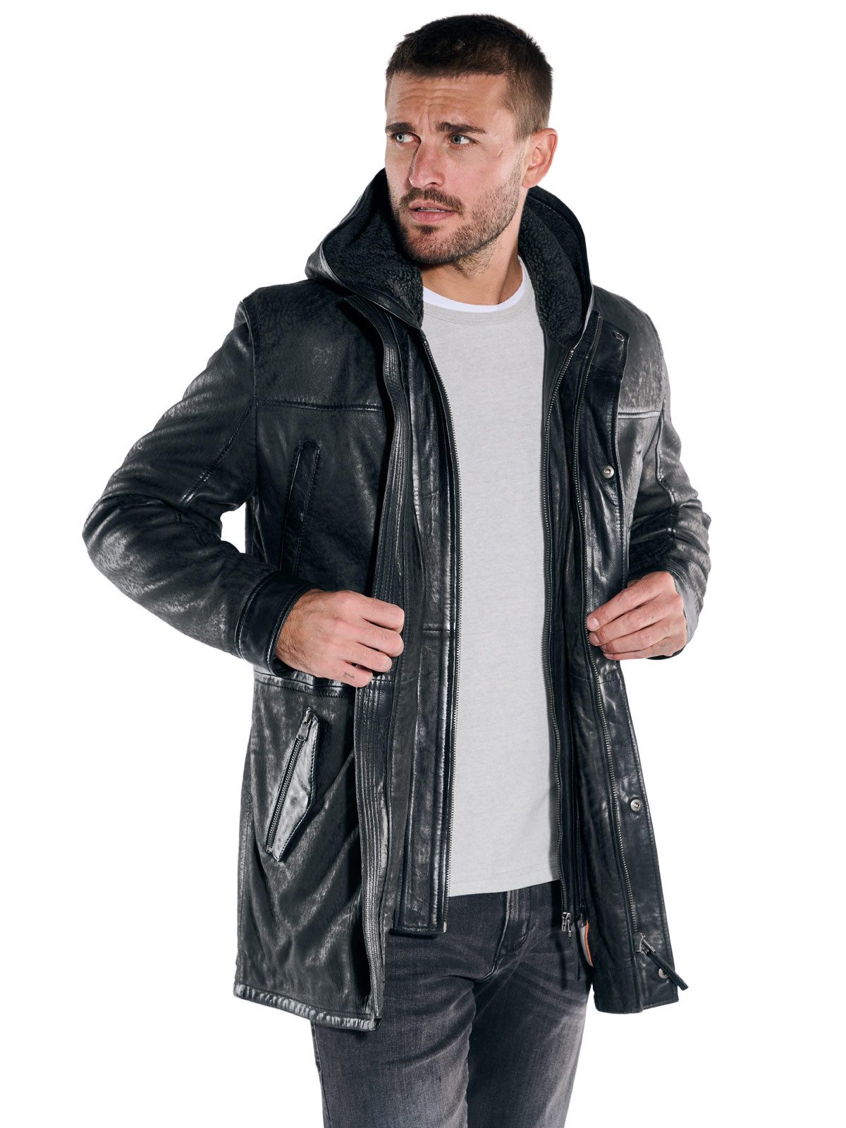 emilio adani Lederjacke emilio adani Herren Lederjacke mit abnehmbarer Kapuze, Schwarz