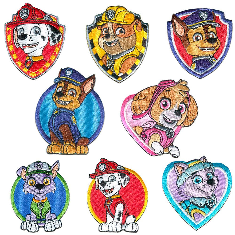 PAW PATROL Aufnäher Bügelbild, Aufbügler, Applikationen, Patches, Flicken, zum aufbügeln, Polyester, Paw Patrol © Set 8 Stück Chase Marshall Skye