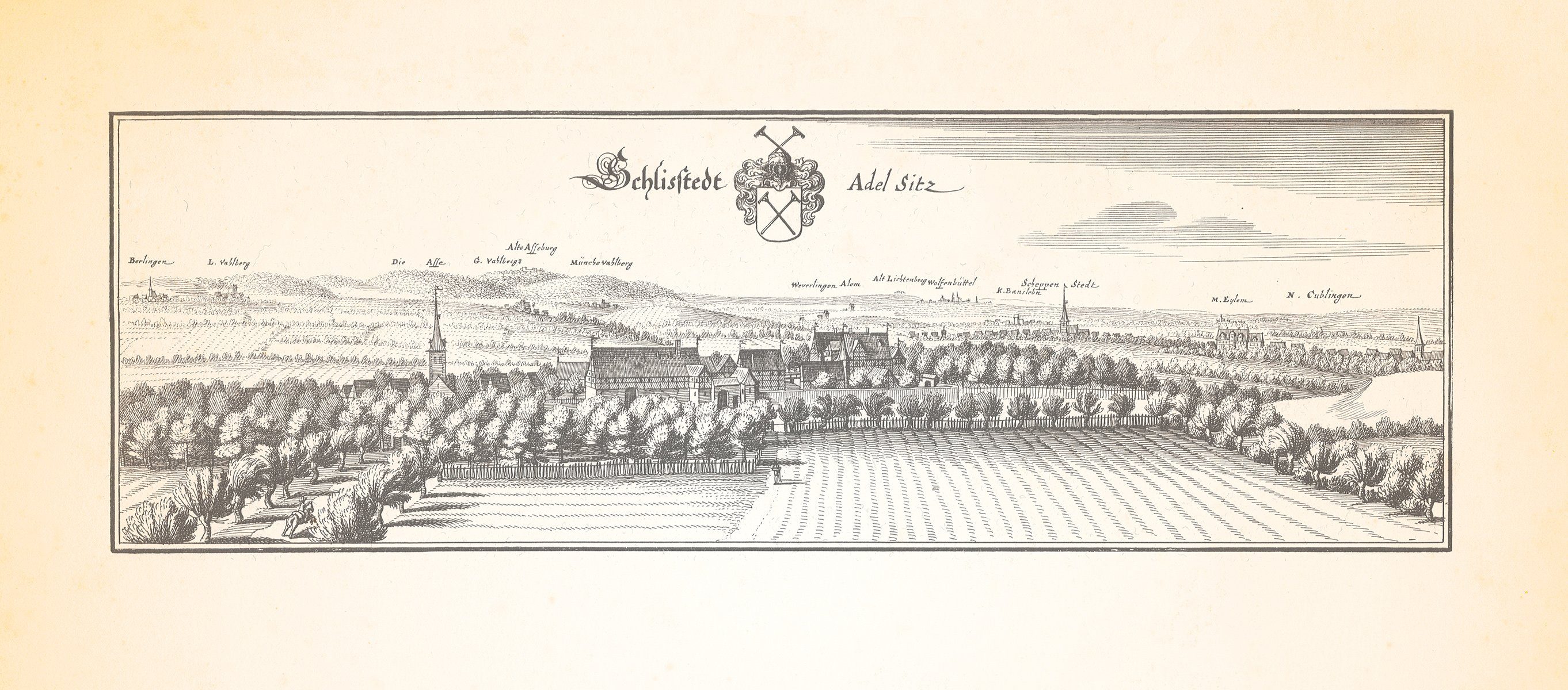Kunstdruck Schliestedt Adelsitz Adelshaus Pfarrkirche Burgtal Kupferstich Merian