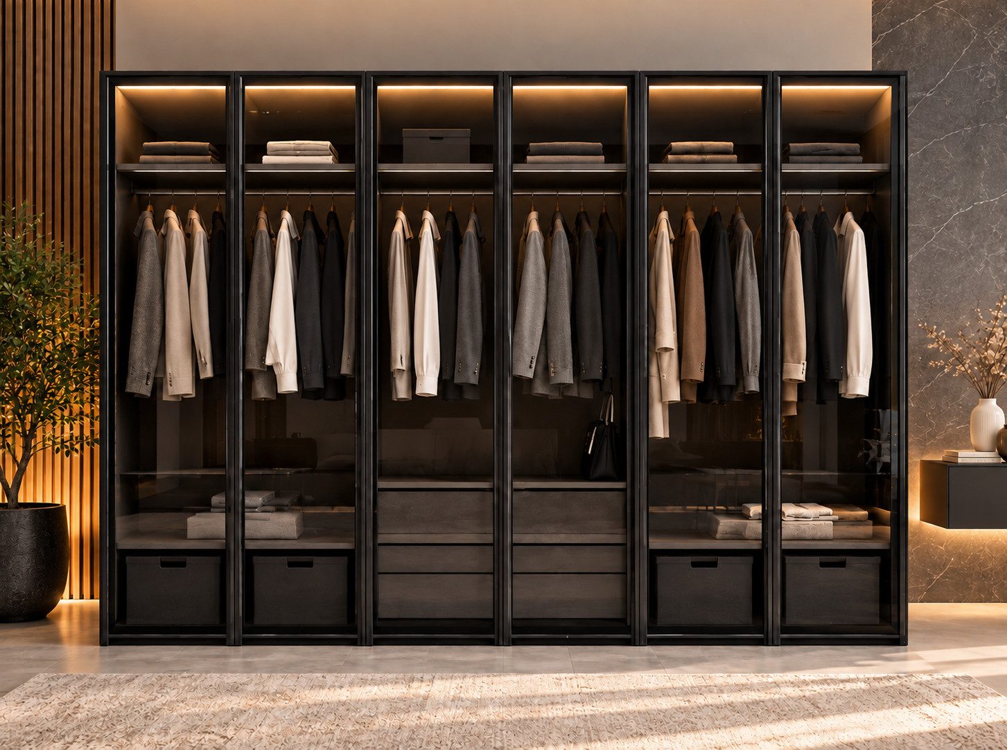 Palms-Store Kleiderschrank Athen mit 6- Glasrahmentüren inkl. Zubehör Set (Spar-Set) Breite: 300cm, Tiefe: 62cm, Höhe: 218cm