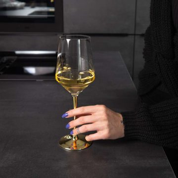 Intirilife Weinglas, Glas, Wein Glas mit goldfarbenem Stiel 380 ml für Rotwein Weißwein stoßfest