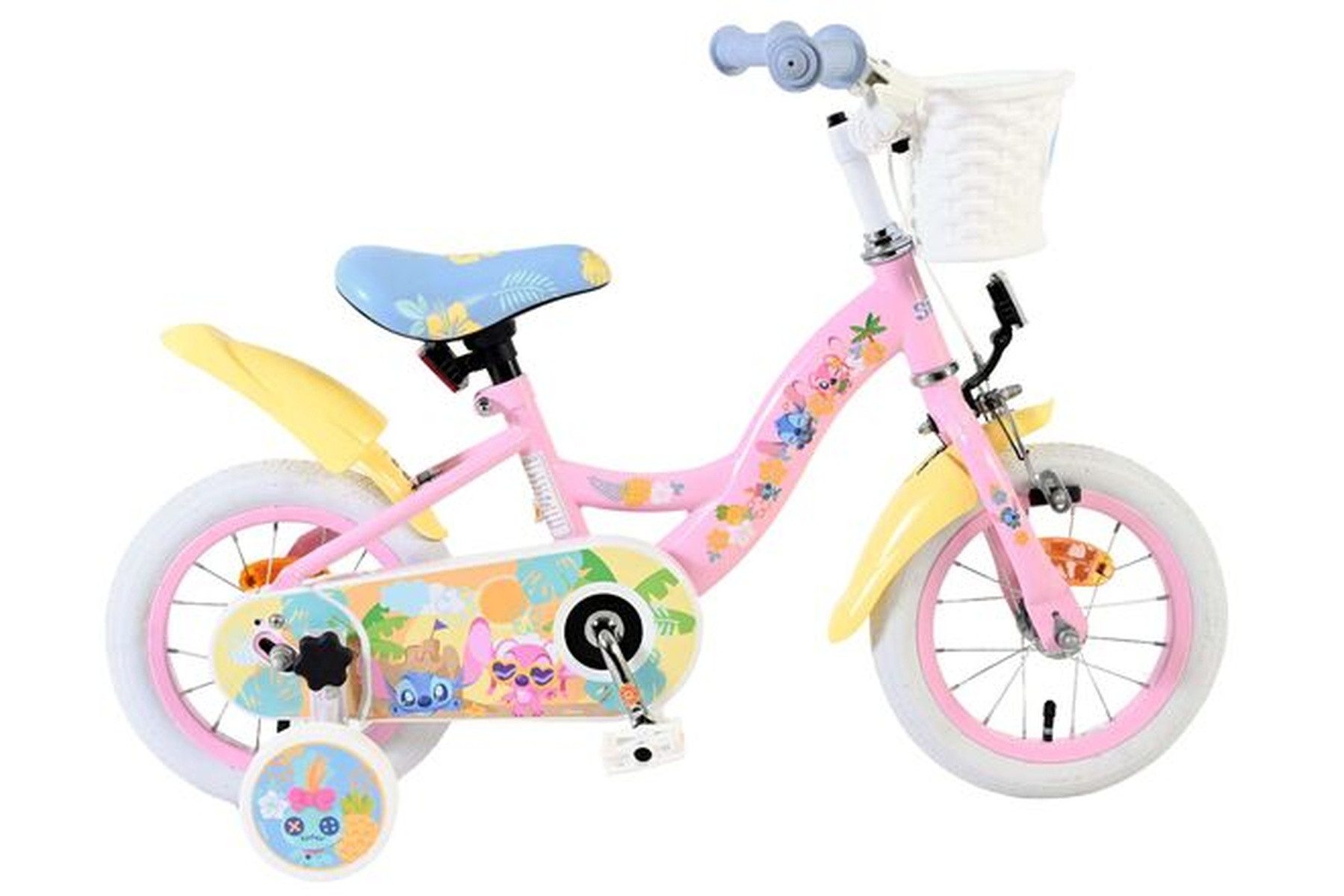 Kinderfahrrad Disney Stitch Mädchen 12 Zoll Rosa - mit Stützrädern, Korb und Sattel
