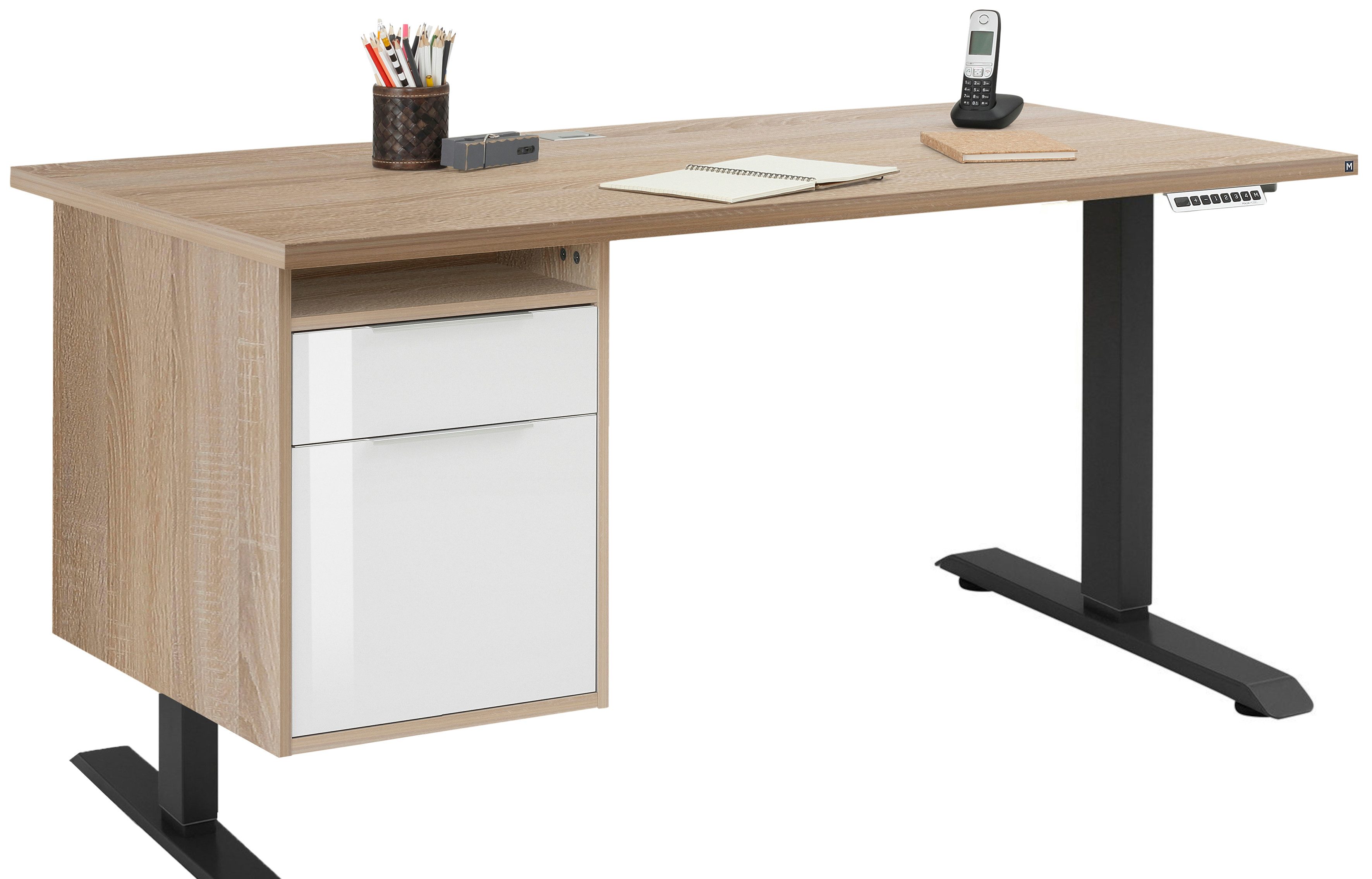Maja Möbel Schreibtisch Schreibtisch mit Hängecontainer Anthrazit, Eiche Sonoma und Weiß (Spar-Set, 1-St., 1 Tisch mit Hängecontainer), mitfahrender Hängecontainer, elektrisch höhenverstellbar