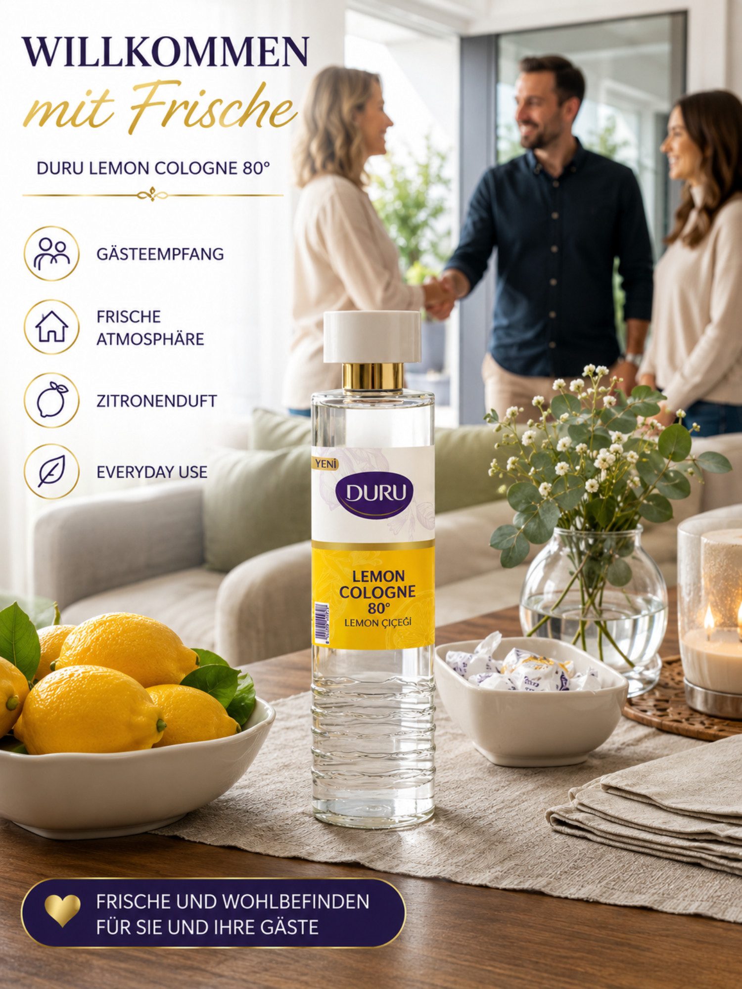 DURU Eau de Cologne Duru Premium Cologne Serie, Erfrischendes Kölnisch Wasser, Frischer Zitronenduft, 80° Alkoholgehalt, Pet-flasche, 400 ml Inhalt