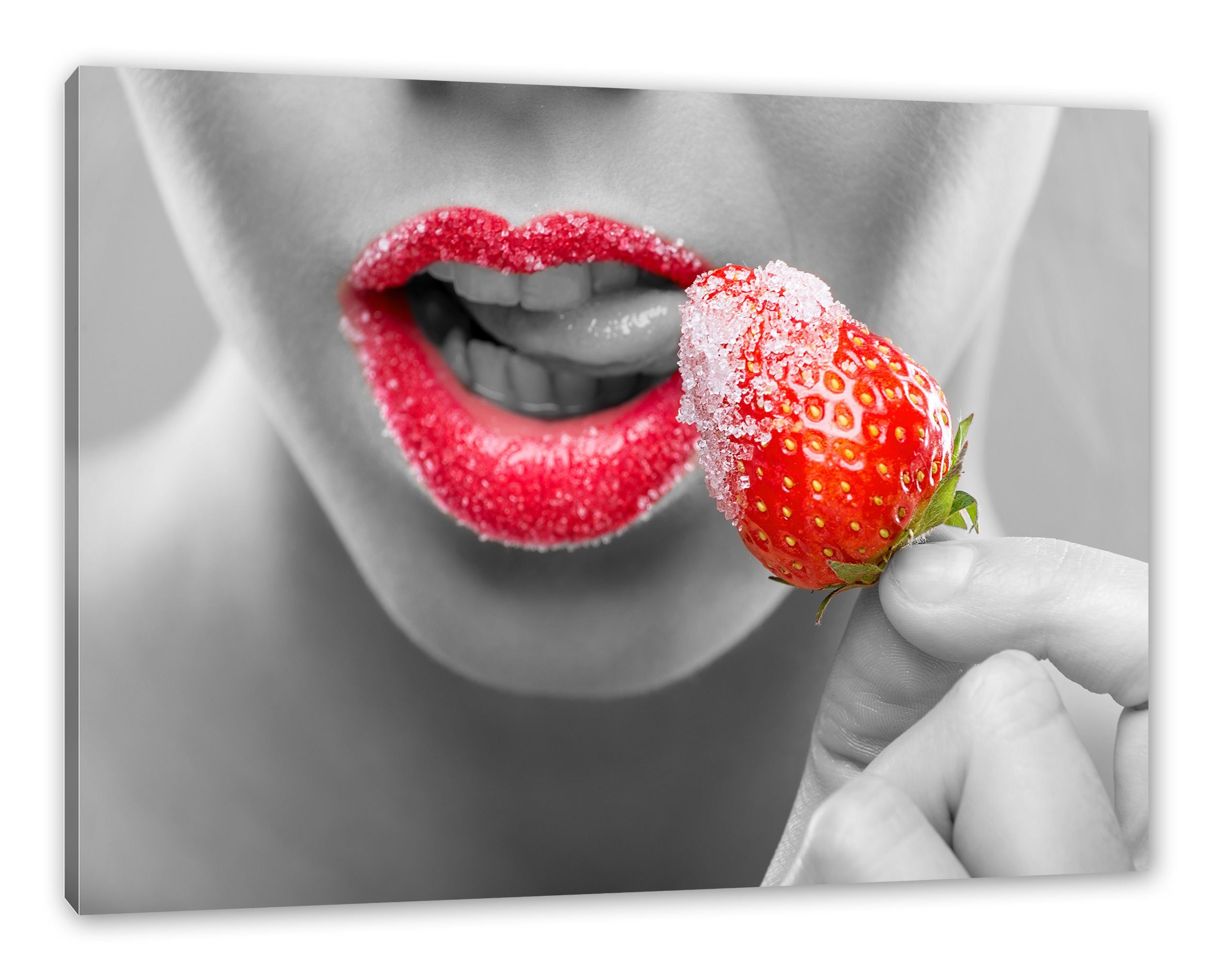 inkl. St), bespannt, mit fertig Pixxprint Zucker (1 Leinwandbild Erdbeere Leinwandbild mit Zackenaufhänger Erdbeere Zucker,