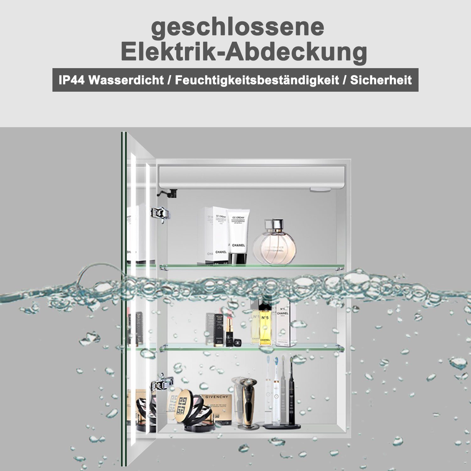 duschspa Badezimmerspiegelschrank 45-80 cm Touch/Wandschalter,Beschlagfrei, drei Memory Rasierersteckdose, Lichtfarbe, dimmbar, Aluminum