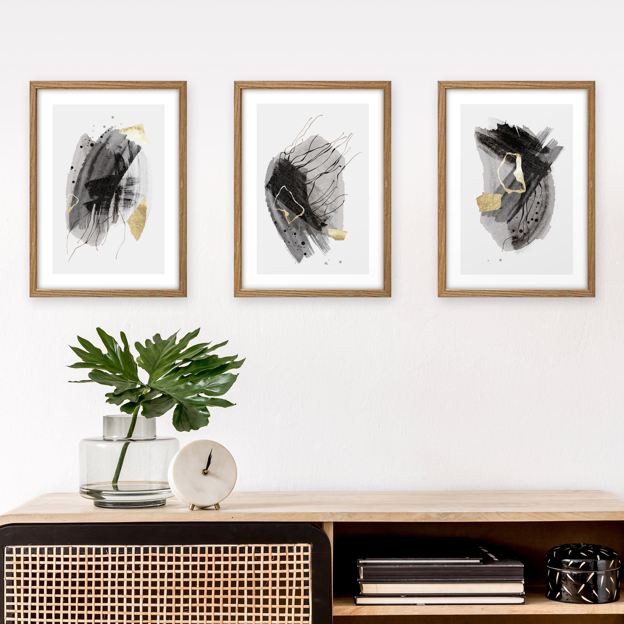 Kreative Feder Poster Abstrakt Grau, Abstrakt (Set, 3 St), 3-teiliges Poster-Set, Wandbild, optional mit Rahmen, DIN A4 oder A3