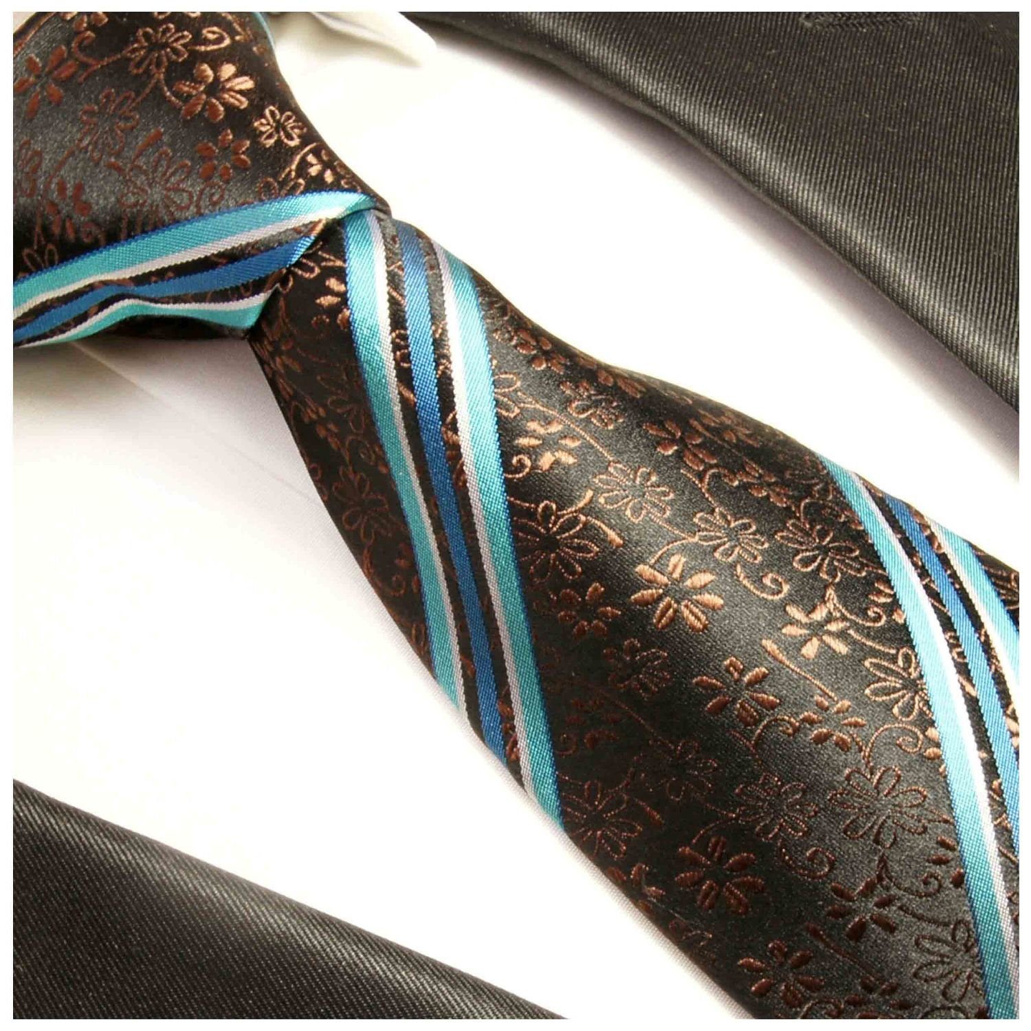 Paul Malone Krawatte Moderne 100% floral braun Herren Seide (6cm), gestreift türkis 394 Schmal Seidenkrawatte