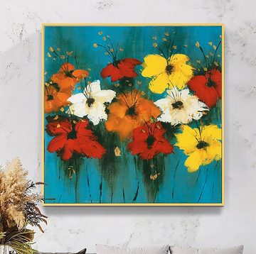 TPFLiving Kunstdruck (OHNE RAHMEN) Poster - Leinwand - Wandbild, Abstrakte Blumen - (Leinwand Malerei), Farben: Gelb, Rot, Orange, Gold, Weiß - Größe: 20x20cm