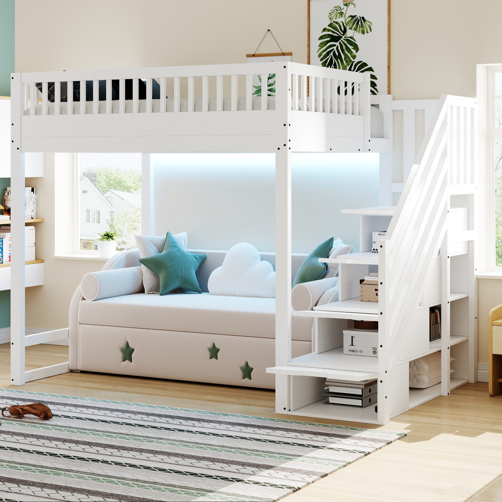 Odikalo Hochbett 140x200 Kinderbett Jugendbett mit LED, Stauraumtreppe (mit Sicherheitsleiter, Sicherheitsgeländer, Bettrahmen aus massivem Kiefernholz, LED-Lichtleiste, austauschbaren Sicherheitsleitern auf beiden Seiten, Kinderbett, Holzfarbe)