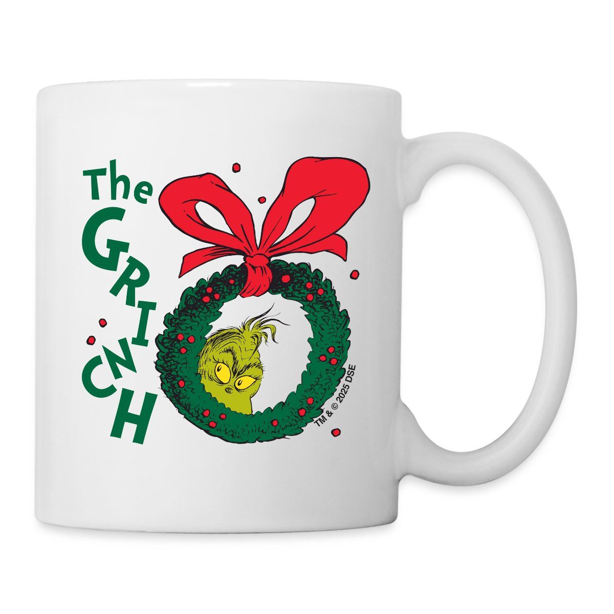 Spreadshirt Tasse Der Grinch Hinter Weihnachtskranz The Grinch Tasse, Keramik