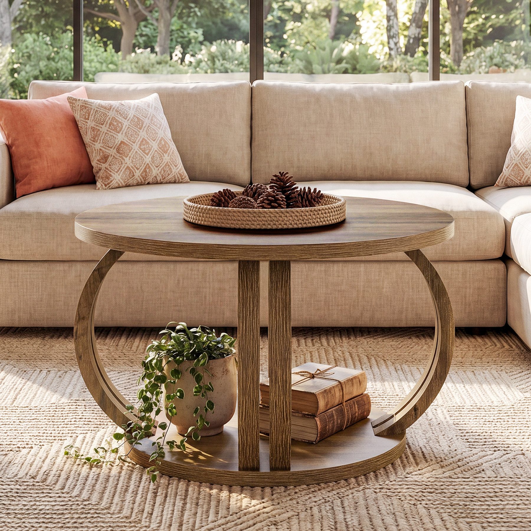 Tribesigns Couchtisch 80 cm Runder Couchtisch mit Stauraum, Wohnzimmertisch mit 2 Ebenen Ablage – Bild 5 von 5