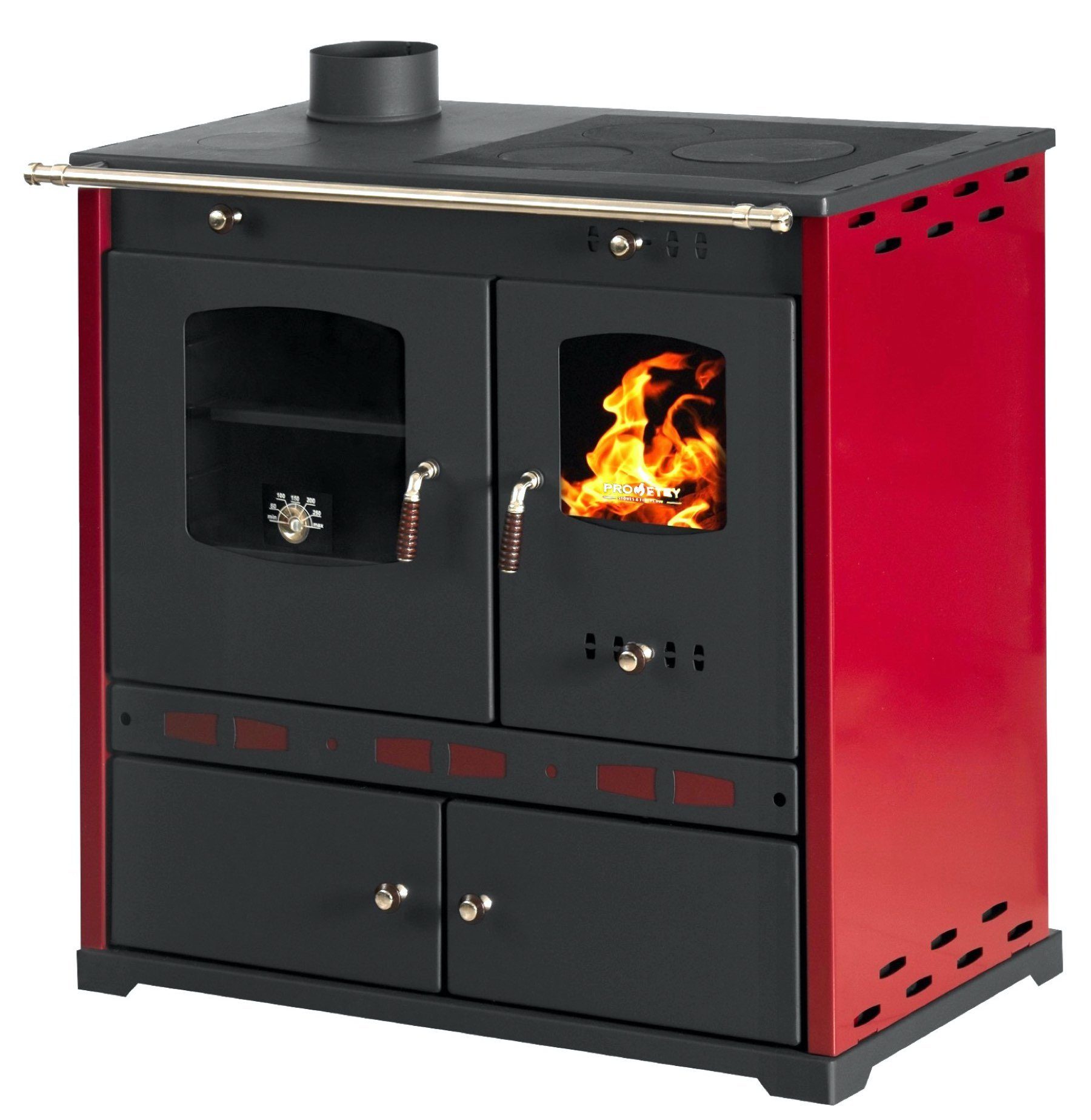 Prometey Kaminofen Holzofen mit Kamin, 7,38 Links Lux und Eco kW Rot Perfect Herdplatte Backfach