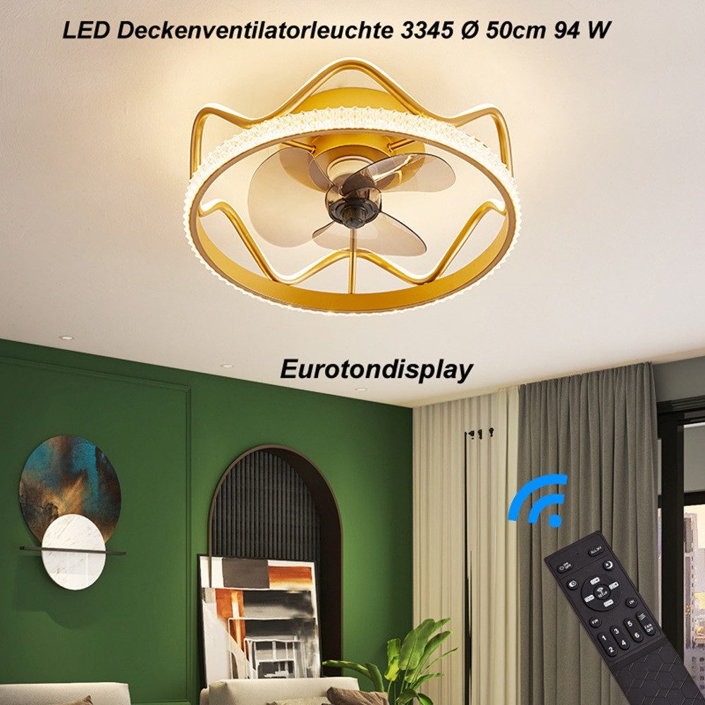 Eurotondisplay Deckenventilator LED Beleuchtung mit Deckenventilator Deckenleuchte mit Fernbedienung, Lichtfarbe- und Helligkeit stufenlos einstellbar