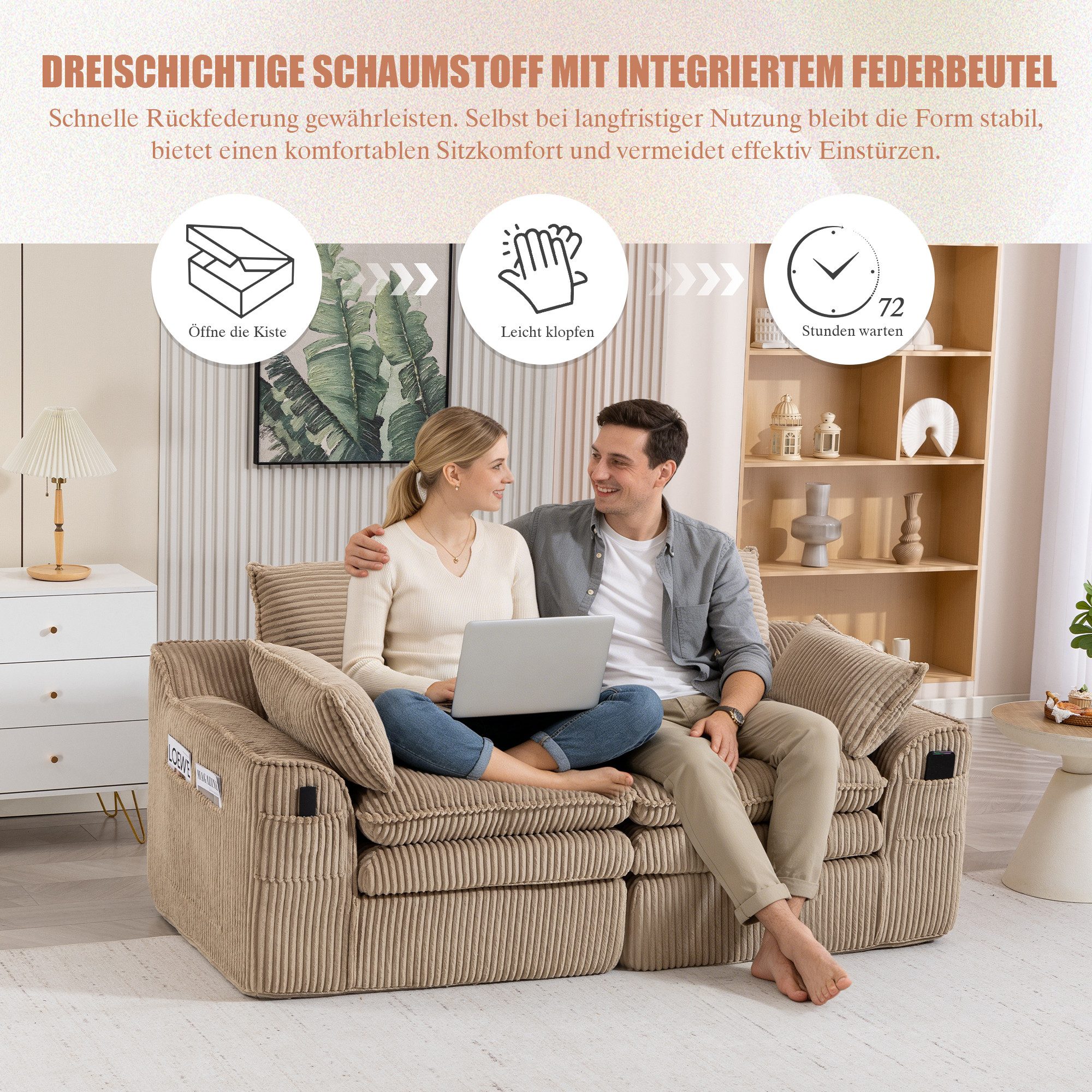 HAUSS SPOLE Loungesofa aus Cordstoff,2-Sitzer Polstersofa Relaxsofa mit Seitentaschen,Khaki, Schwammstruktur mit integriertem Federkern, Frei kombinierbar – für Wohnzimmer, Büro & mehr