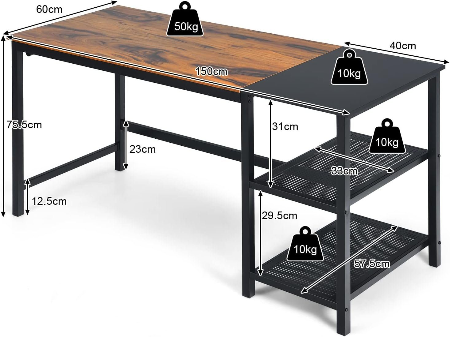 KOMFOTTEU 150×60×75,5cm mit Computertisch, Schreibtisch 2 Ablagen, braun