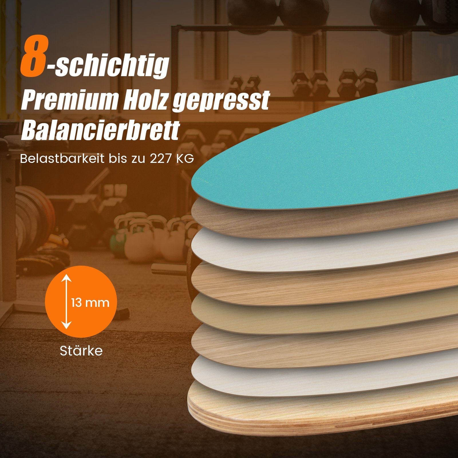 COSTWAY Balanceboard, aus Holz, für zuhause, inkl. Korkrolle, bis 227kg