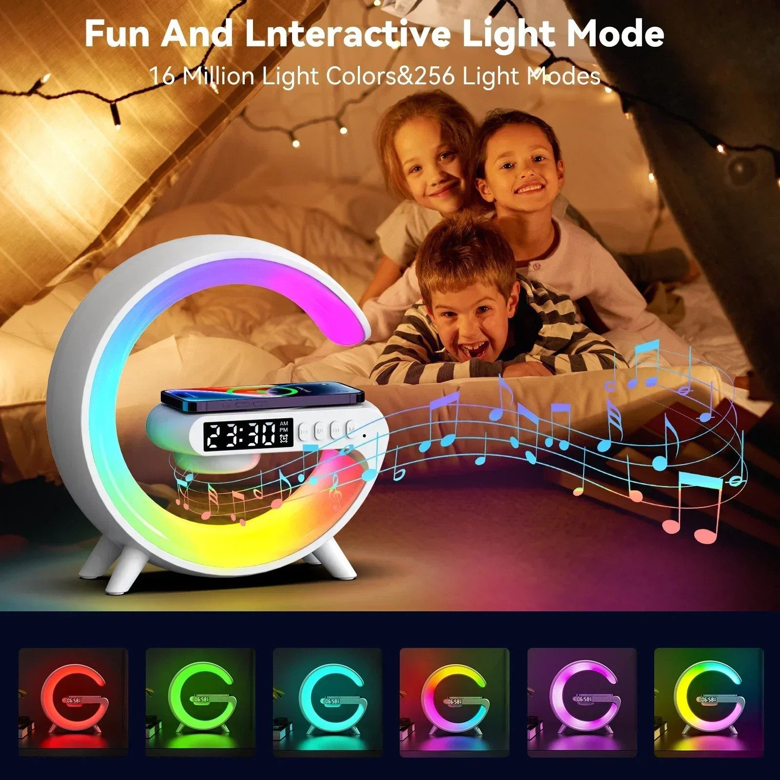 Athlix LED Nachttischlampe 4-in-1 Nachttischlampe mit Ladefunktion und Wecker Ladestation Lampe, LED fest integriert, Bunt, 360° Surround-Sound, Kabelloses Laden, Millionen Farboptionen