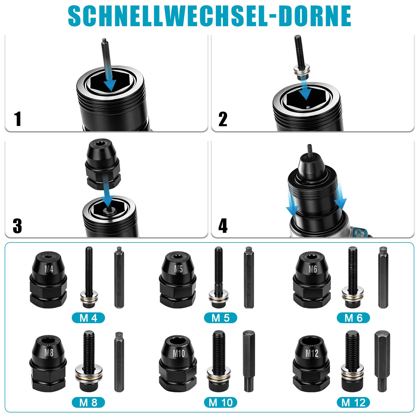 XIIW Blindnietzange Elektrische Nietmutternpistole Nietpistole M4/M5/M6/M8/M10/M12 & 2×4Ah, Set 11-tlg., 4496 lbs, 4 Gänge, 30 mm Hub, Automatischer Dornrücklauf, Akku Nietmutternzange für Auto, Metallbearbeitung
