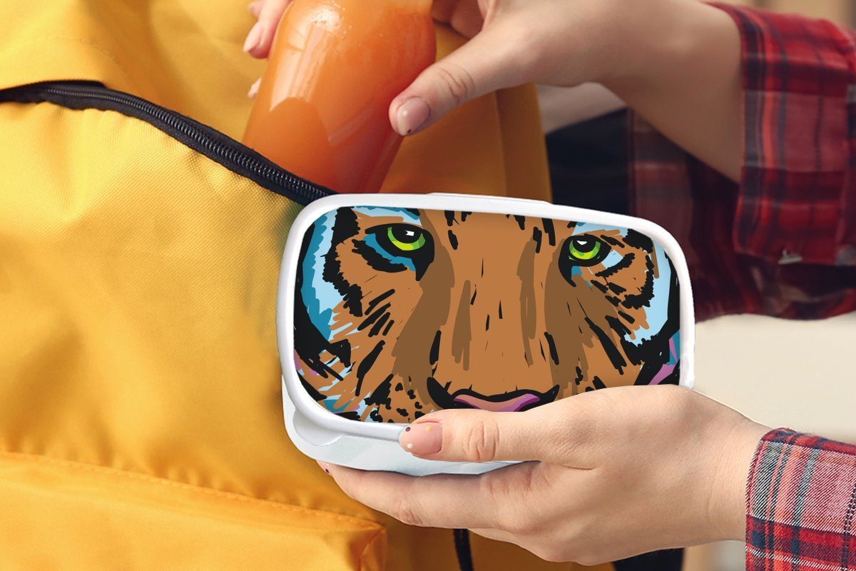 Mädchen Kopf Tiger Brotdose, Erwachsene, - Jungs Lunchbox Kunststoff, (2-tlg), Gemälde, Brotbox und MuchoWow für und Kinder - weiß für
