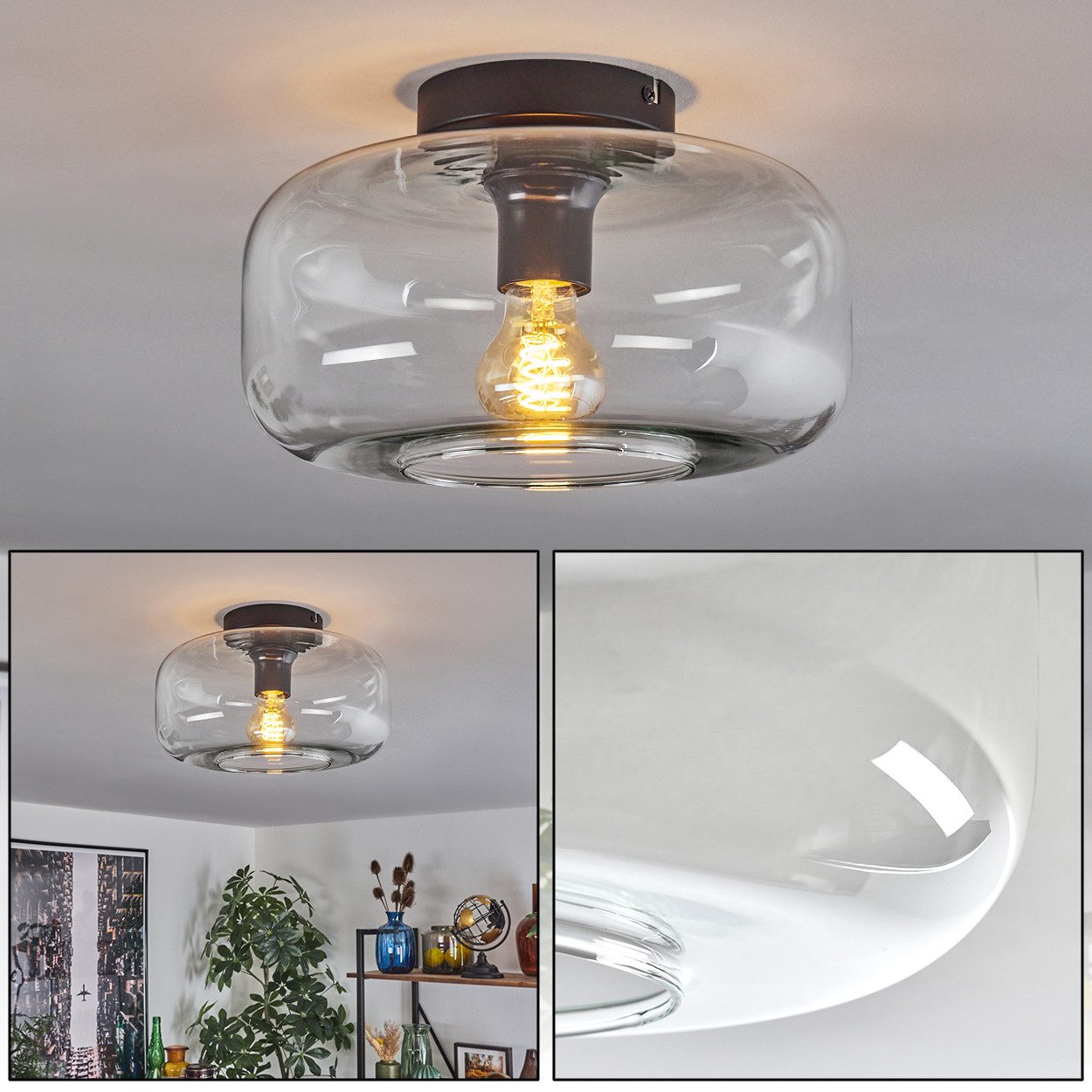 hofstein Deckenleuchte runde Deckenlampe aus Metall/Glas in Schwarz/Klar, ohne Leuchtmittel, im Vintage-Design mit Glasschirm (28 cm), 1 x E27, ohne Leuchtmittel