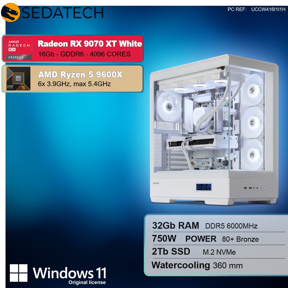 Sedatech UCCW416I1I1HF - Watercooling Gaming-PC (AMD Ryzen 5 9600X 6x 3.9GHz (max 5.4GHz), Radeon RX 9070 XT White 16GB, 32 GB RAM, 2000 GB SSD, Watercooling, Wlan 6E)
