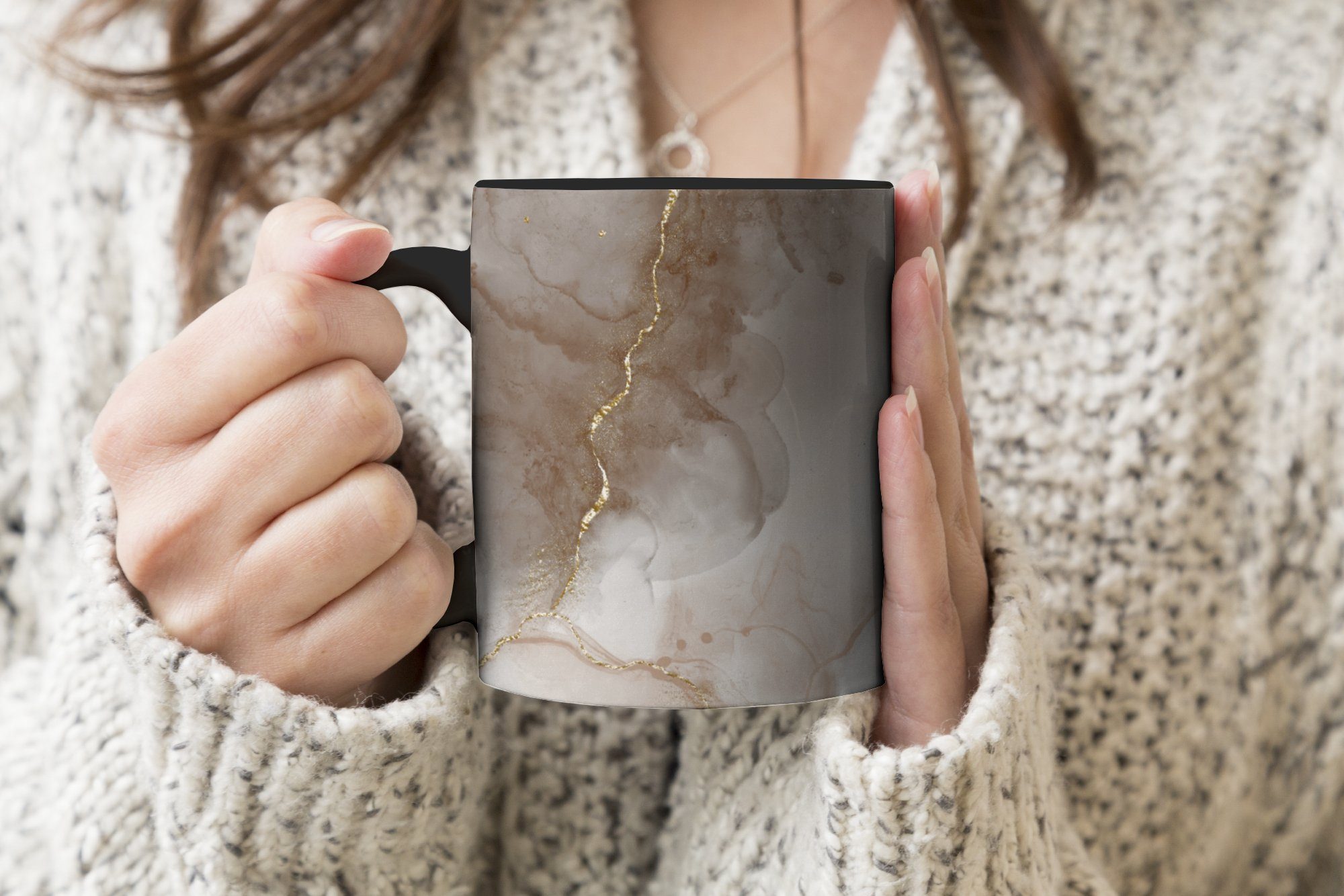 MuchoWow Farbwechsel, Teetasse, Kaffeetassen, Marmor Zaubertasse, Geschenk - Sepia, Keramik, Gold - Tasse