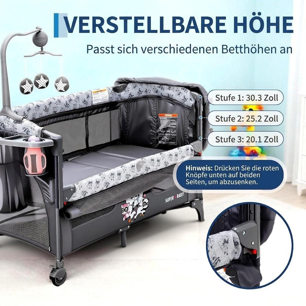 GarveeMore Babybett 5-in-1 Reisebett, faltbares Babybett für Babys mit Wickeltisch, Wiegefunktion,Hängespielzeug, 4 verstellbaren Höhen