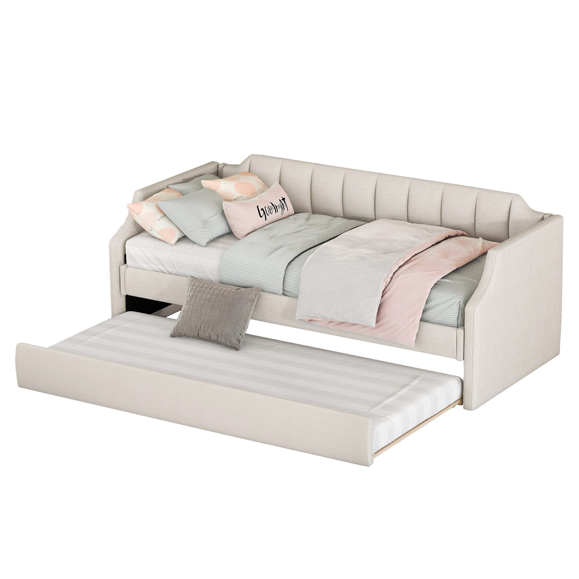 Flieks Daybett, Tagesbett Polsterbett mit Unterbett 90x200cm+90x190cm Leinen