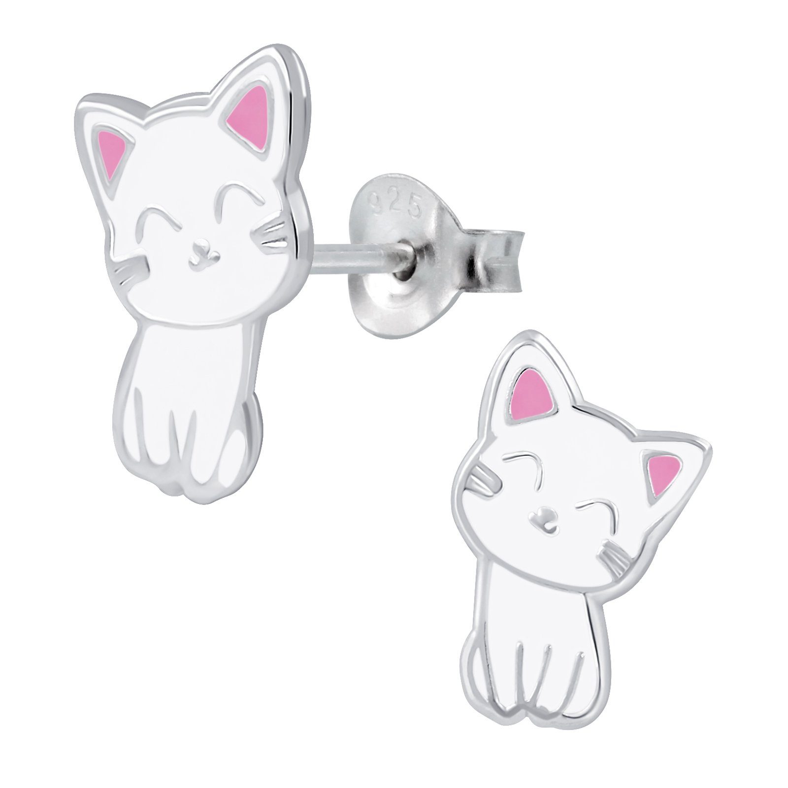 schmuck23 Paar Ohrstecker Kinder Ohrringe Katze 925 Silber, Kinderschmuck, Mädchen, Geschenk Weiss