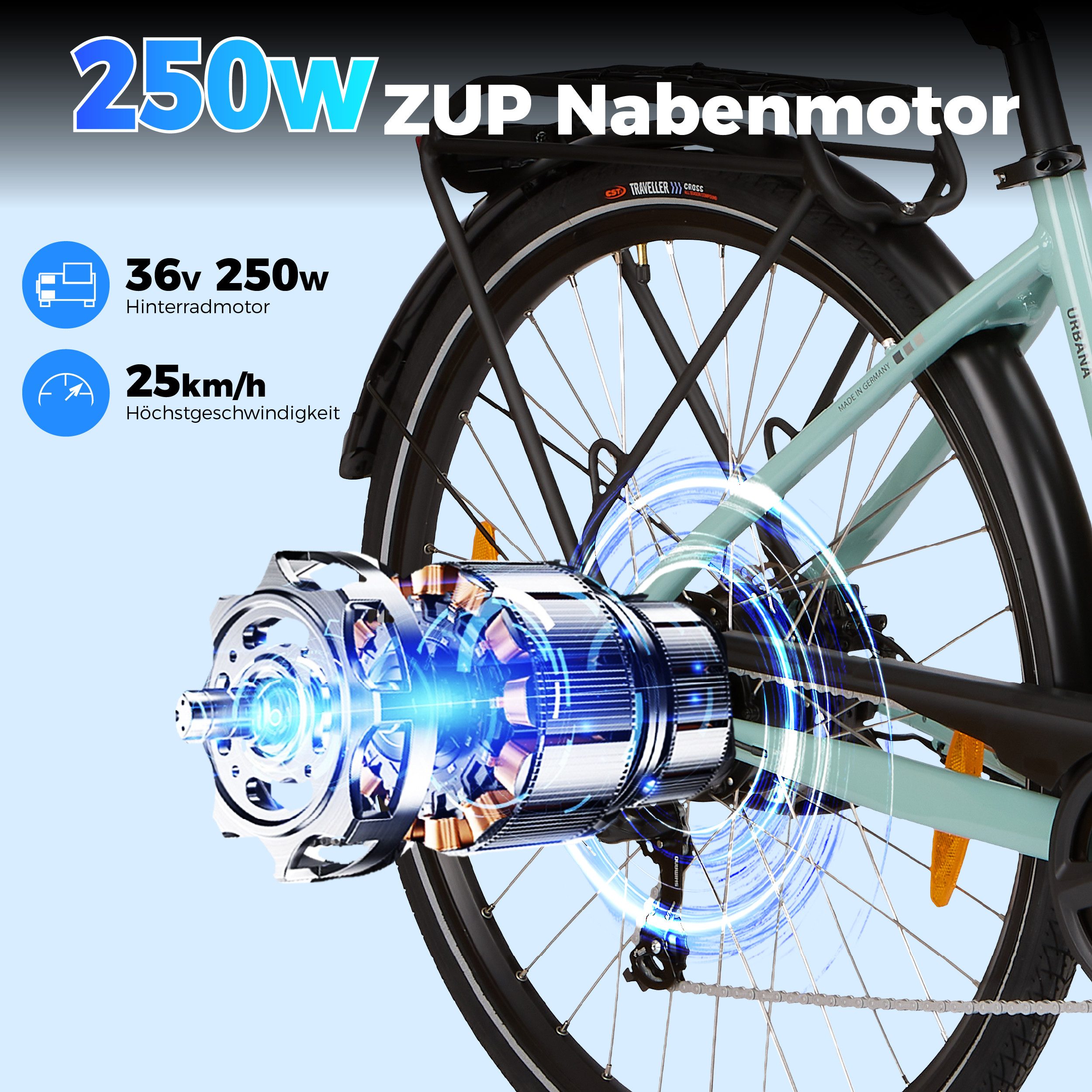 SAXXX E-Bike Cityrad 28 Zoll, Elektrofahrrad bis zu 90km, E-Cityrad, nur 21,5kg, RH: 45cm, 7 Gang Shimano, Kettenschaltung, Heckmotor, 417,6 Wh, Tiefeinsteiger, – Bild 5 von 5