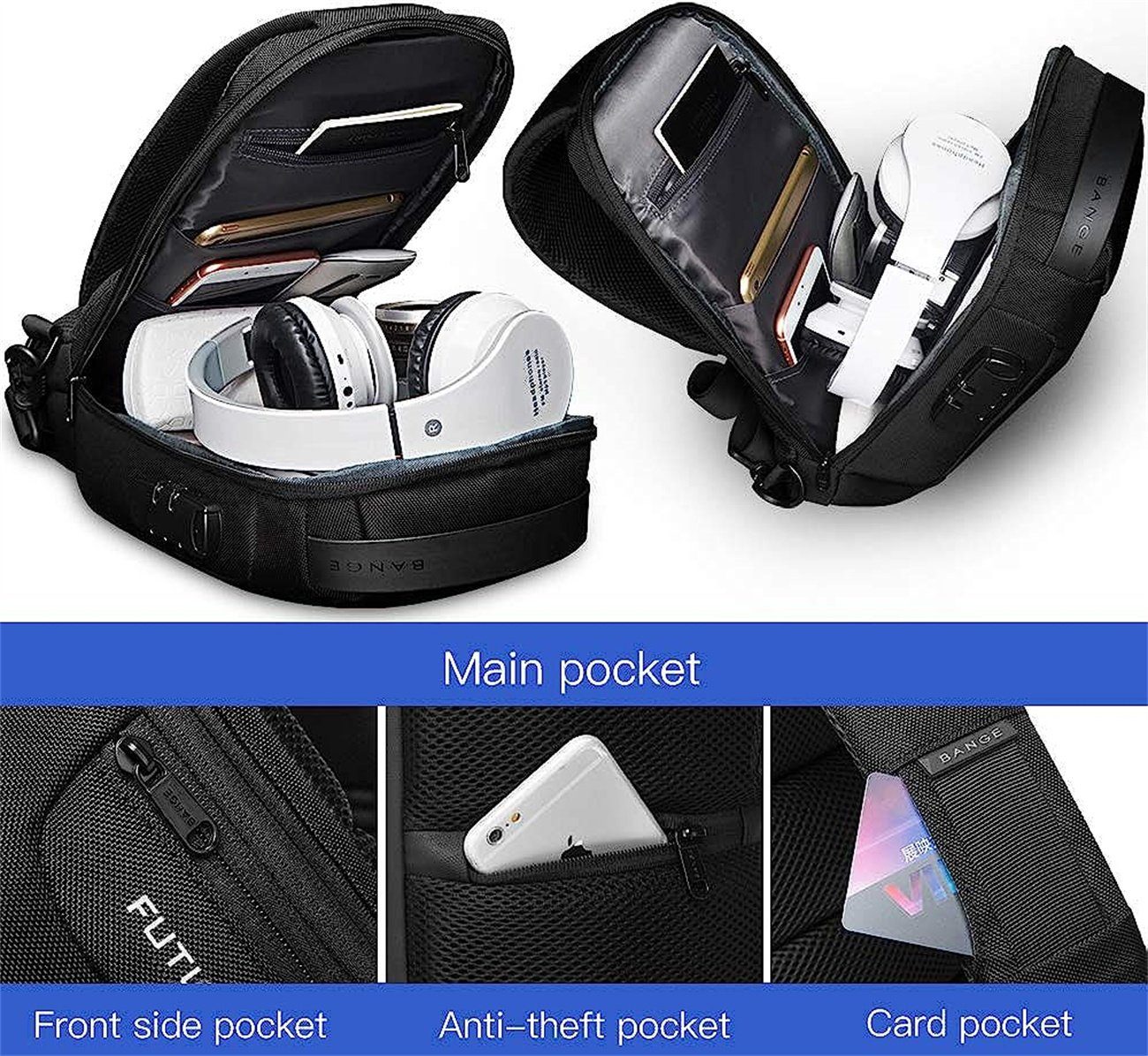 XDeer Schultertasche Brusttasche,Wasserdichte Herren Umhängetasche,Sling Bag, Schultertasche mit USB-Aufladung,Crossbody Sling Rucksack