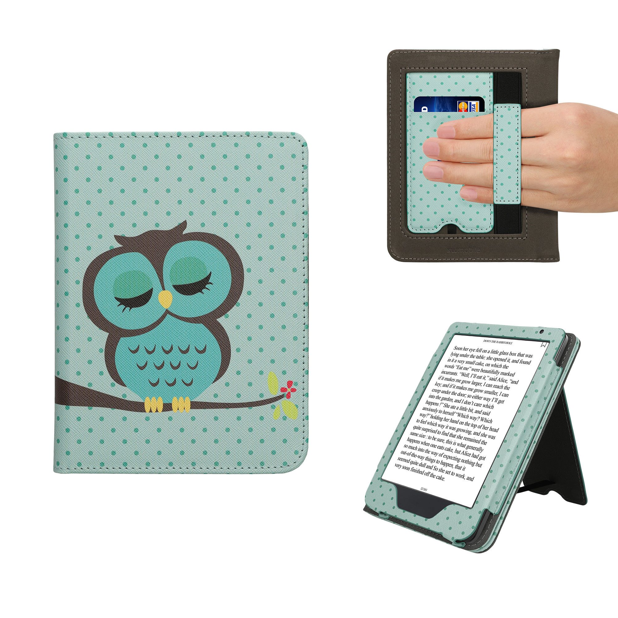 kwmobile E-Reader-Hülle Flip Schutzhülle für Kobo Clara BW / Clara Colour / Tolino Shine (5), Handschlaufe - Cover Eule Schlaf Design