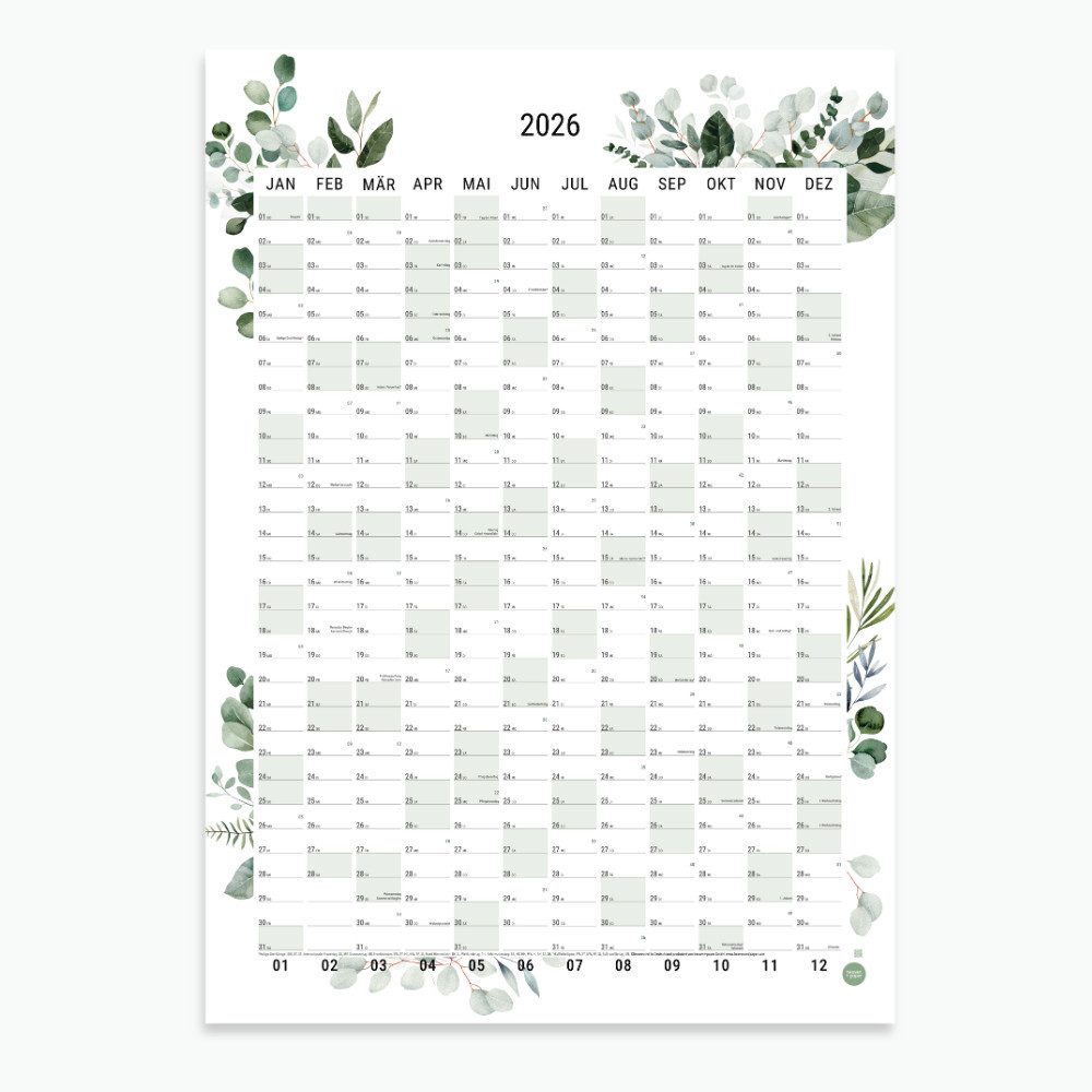 heaven+paper Jahresplaner A1 Wandplaner 2026 Green Hochformat, hochwertig verarbeitet & modern, Hergestellt in Deutschland