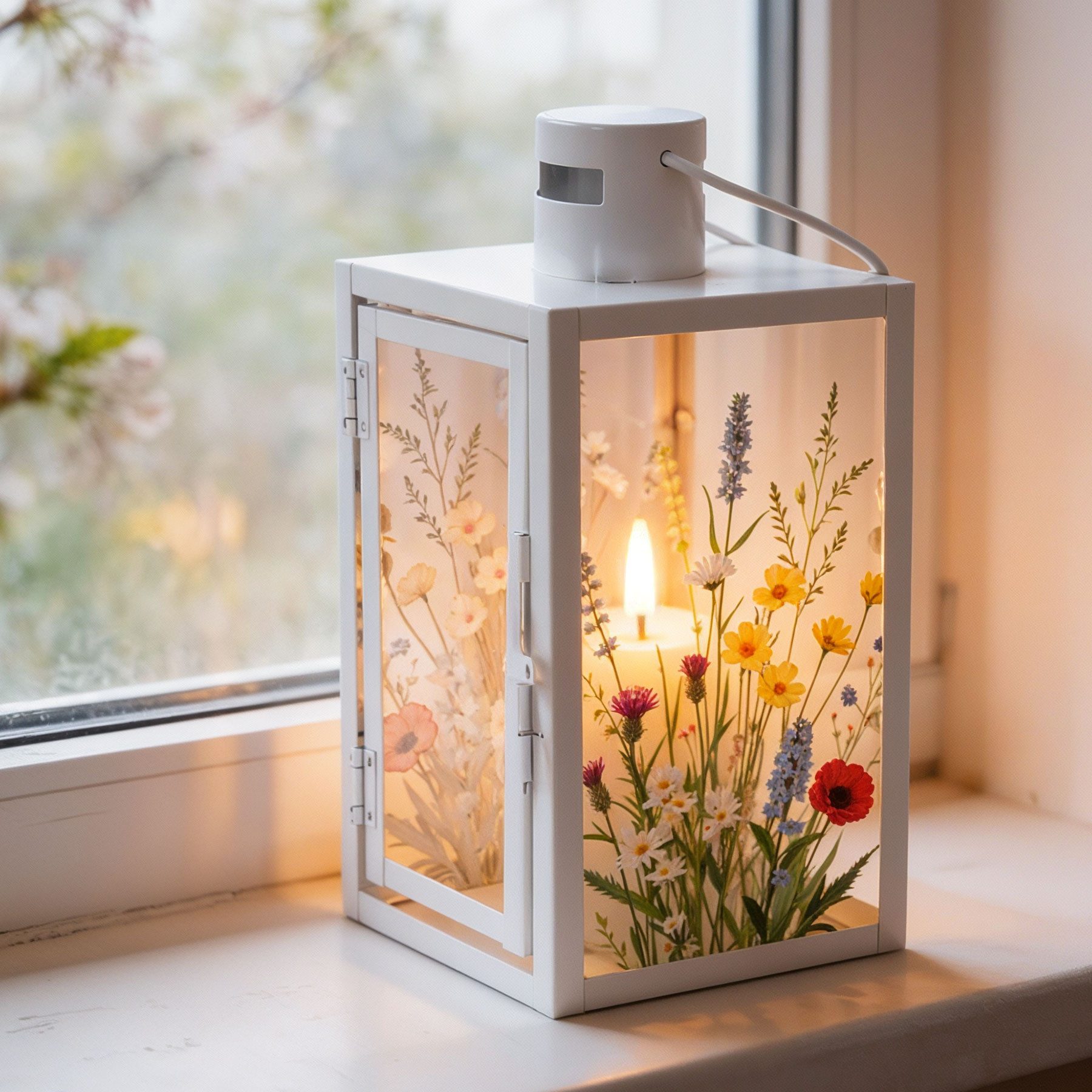 Levandeo® Kerzenlaterne Laterne H25cm Metall Weiß Blumen Frühlingsdeko Windlicht Sommer Tischd