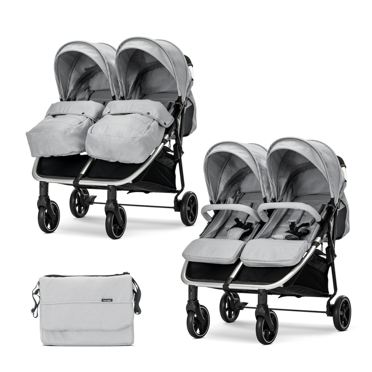 Lorelli Zwillings-Kombikinderwagen Geschwisterkinderwagen Duo, klappbar verstellbar Fußabdeckung Wickeltasche