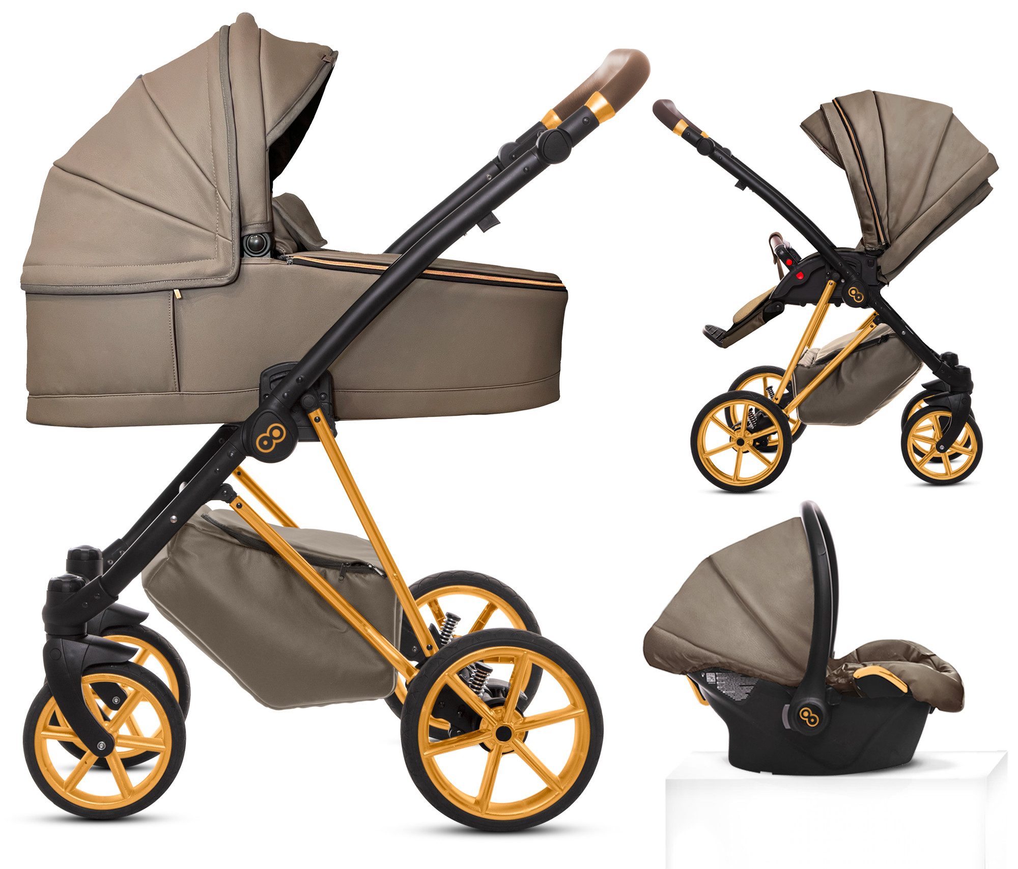 TPFFamily Kombi-Kinderwagen 3in1 Musse Royal, Baby Buggy Babywanne 5-Punkt-Sicherheitsgurt, Zubehör-Set Kinderwagen 3 in 1 Kunstleder Grau, Gestell Gold