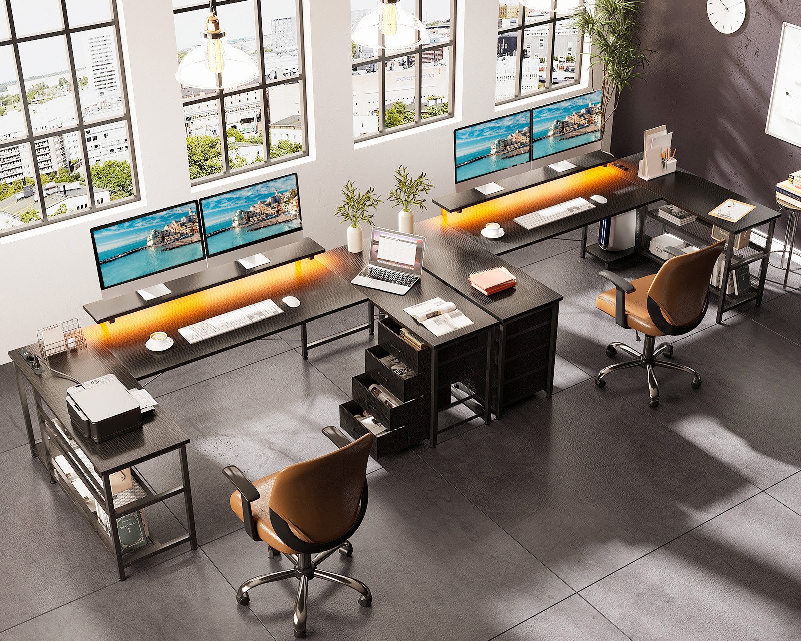 ODK Eckschreibtisch mit 4 Schubladen, 2 Steckdosen, 2 USB und LED (1 Tisch), 167×100cm