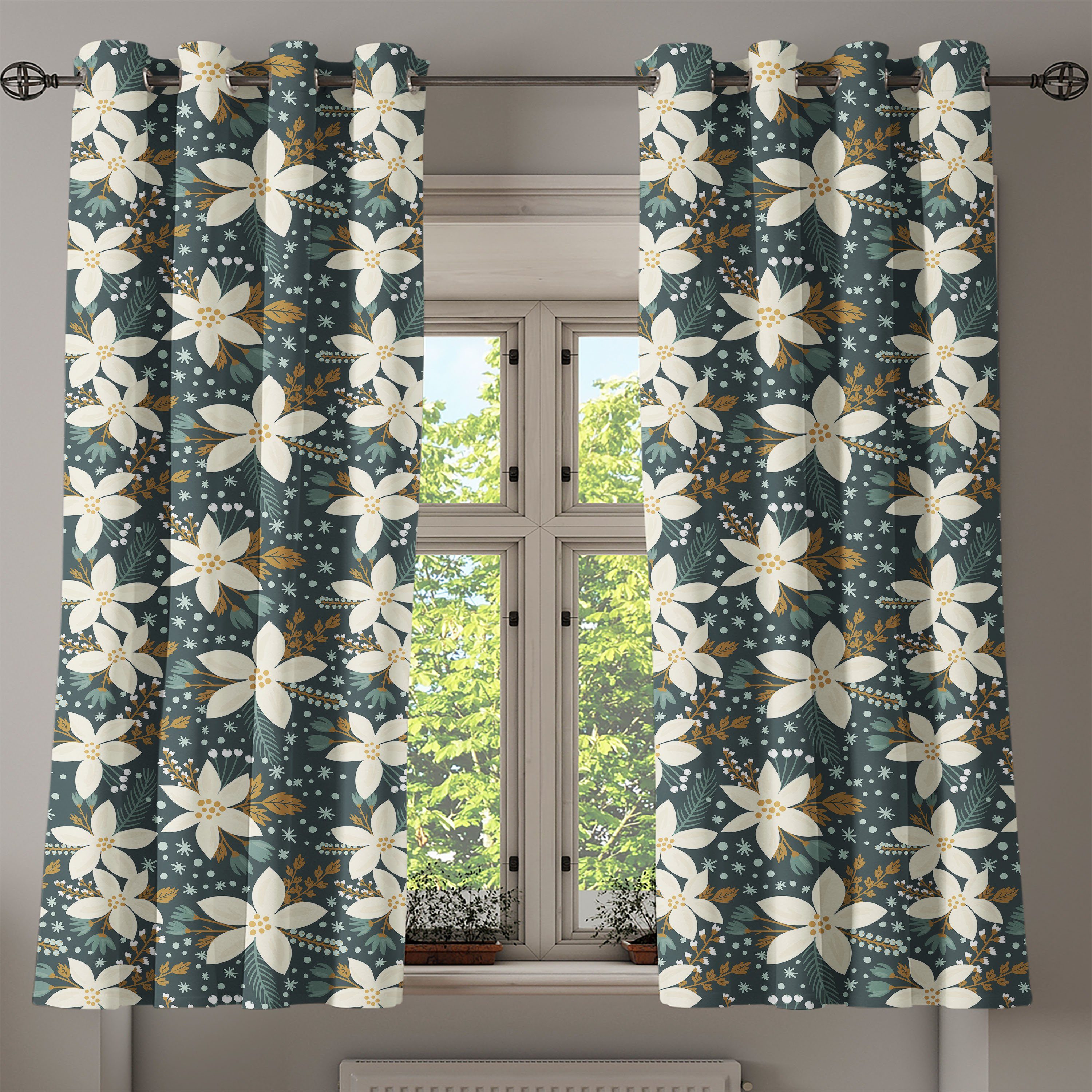 Dekorative Poinsettia-Blüten-Kunst Wohnzimmer, 2-Panel-Fenstervorhänge Blumen für Schlafzimmer Abakuhaus, Gardine