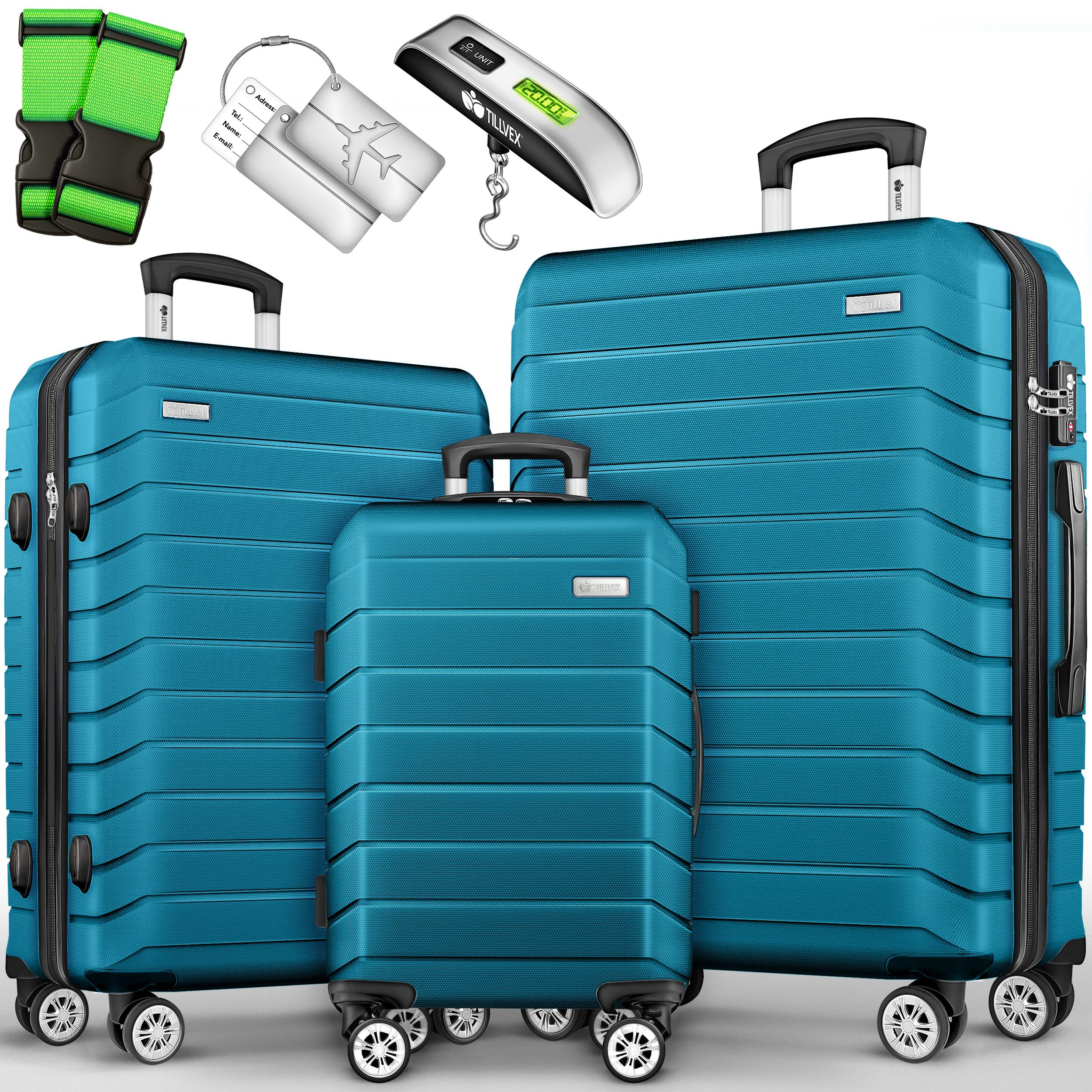 tillvex Trolleyset tillvex® Reisekoffer Set Koffer Hartschale Trolley Kofferset Tasche, (TSA Schloss Rollkoffer S-M-L-XL, 3 tlg., 4 Rollen Trolley Gepäck Koffer), Reisekoffer Set 3-TLG. + Gepäckwaage, 6X Gurte & 3X Anhänger Kofferset